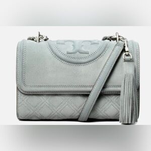 Tory Burch Fleming Suede  Convertible Shoulder Bag Tassel Blue Clay Silver
